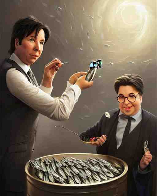 j k rowling & michael mcintyre holding a ring pull can of sardines, elegant, real life skin, intricate, high detailed, artstation, concept art, smooth, sharp focus, art by artgerm and greg rutkowski 