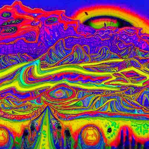 crazy psychedelic landscape full of ghosts, utopia 