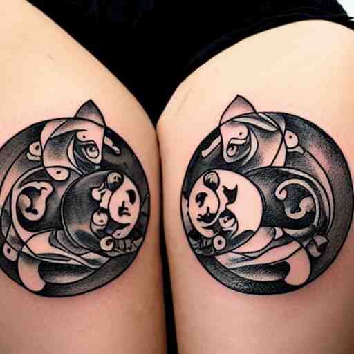 two cats holding each other's tail, yin yang circle design, tattoo design, ink drawing, designed by Kamiel Proost