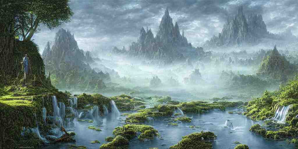 Fantastical open landscape by Ted Nasmith, elven city, pools of magical water, digital painting, concept art, landscape