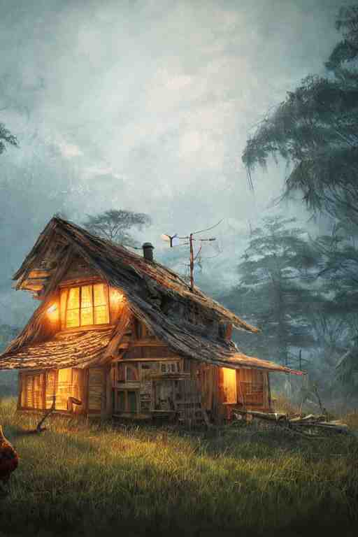 an awesome twilight day concept art of old hut with chicken legs, by kengo kuma and wes anderson with village, mixed development, cgsociety, fantastic realism, artstation hq 