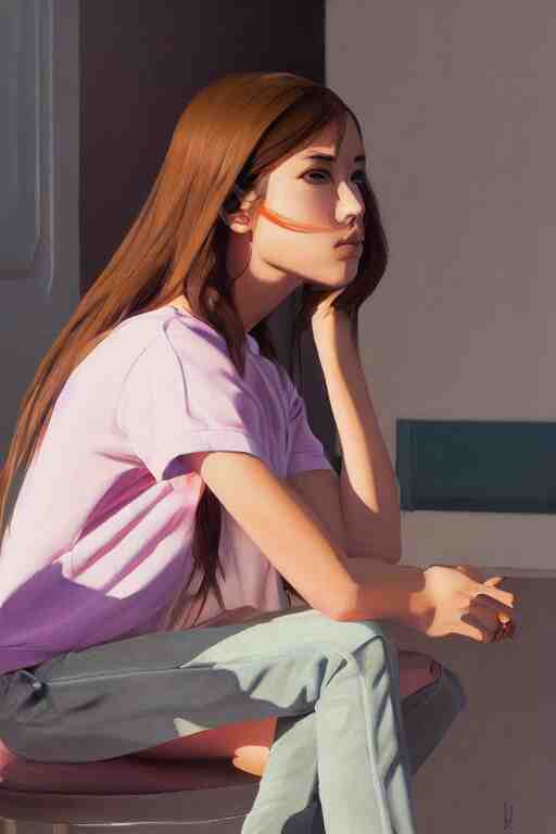 A ultradetailed beautiful panting of a stylish woman looking at the camera, she is wearing streetwear, she is sitting on a chair, bright sunny day, Oil painting, by Ilya Kuvshinov, Greg Rutkowski and Makoto Shinkai