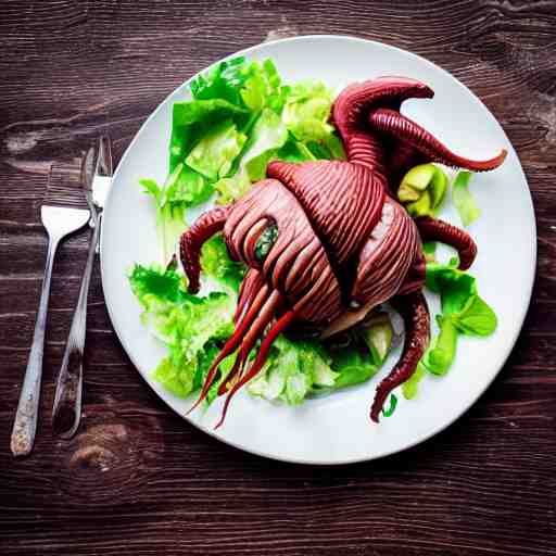 a plate of food made of salad and huge alien xenomorph, award winning photographer, food photography 