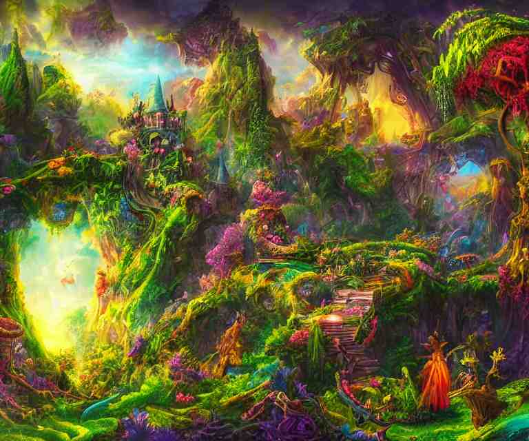 a mystical wonderland, high fantasy, magical elements, vibrant colors, lush landscape, sharp details, high res 