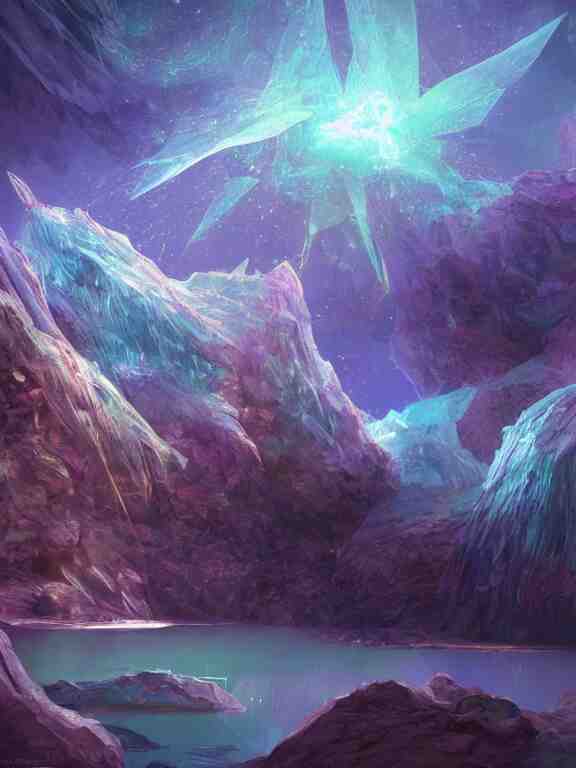 a ultradetailed beautiful concept art of the crystal formation of the prismatic crystal of hope is filled with the wonderful colors of the emotion around it in a forgotten cave lighten by the moon light and reflecting on the surface of a quiet lake, concept art, high resolution 4 k, by artgeem 