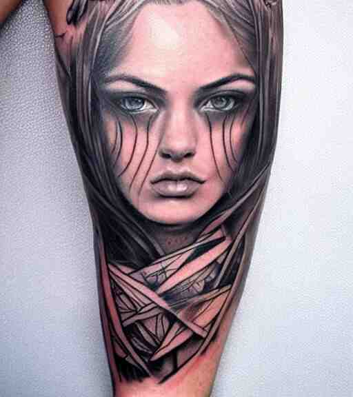 tattoo design on white background of a beautiful girl warrior, hyper realistic, realism tattoo, by eliot kohek 