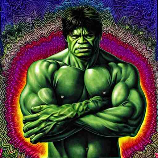 the incredible hulk becomes a fractal, painted by alex grey. psychedelic visionary art 