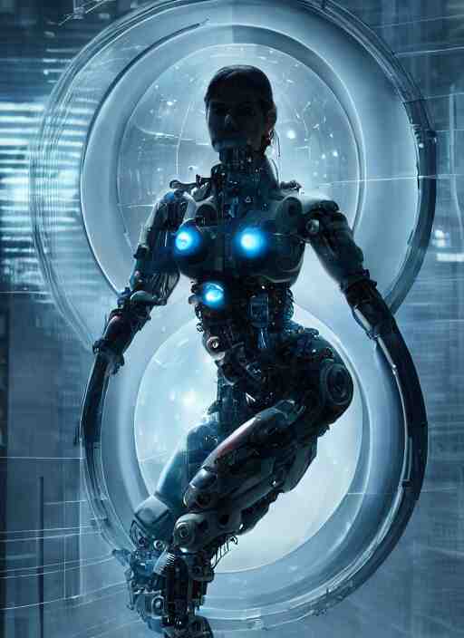 Ultra realistic full shot of a cyborg woman in a glass cylinder with electrical cables cables and mechanical arms that fix it., cyberpunk,sci-fi, fantasy,Kodak , soft light, volumetric lighting, ,night, fog ,smoke, intricate, elegant, highly detailed, digital painting, artstation, concept art, smooth, sharp focus, illustration,art by artgerm and greg rutkowski and alphonse mucha