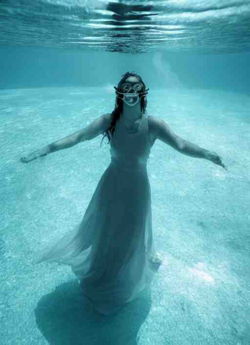 girl in a long dress swimming underwater, caustics, surreal underwater photography