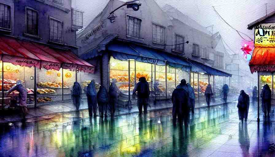 watercolor painting of a butcher shop, raining, busy street, romantisism, outrun, pastel colors, painting, moody, detailed, by android jones 