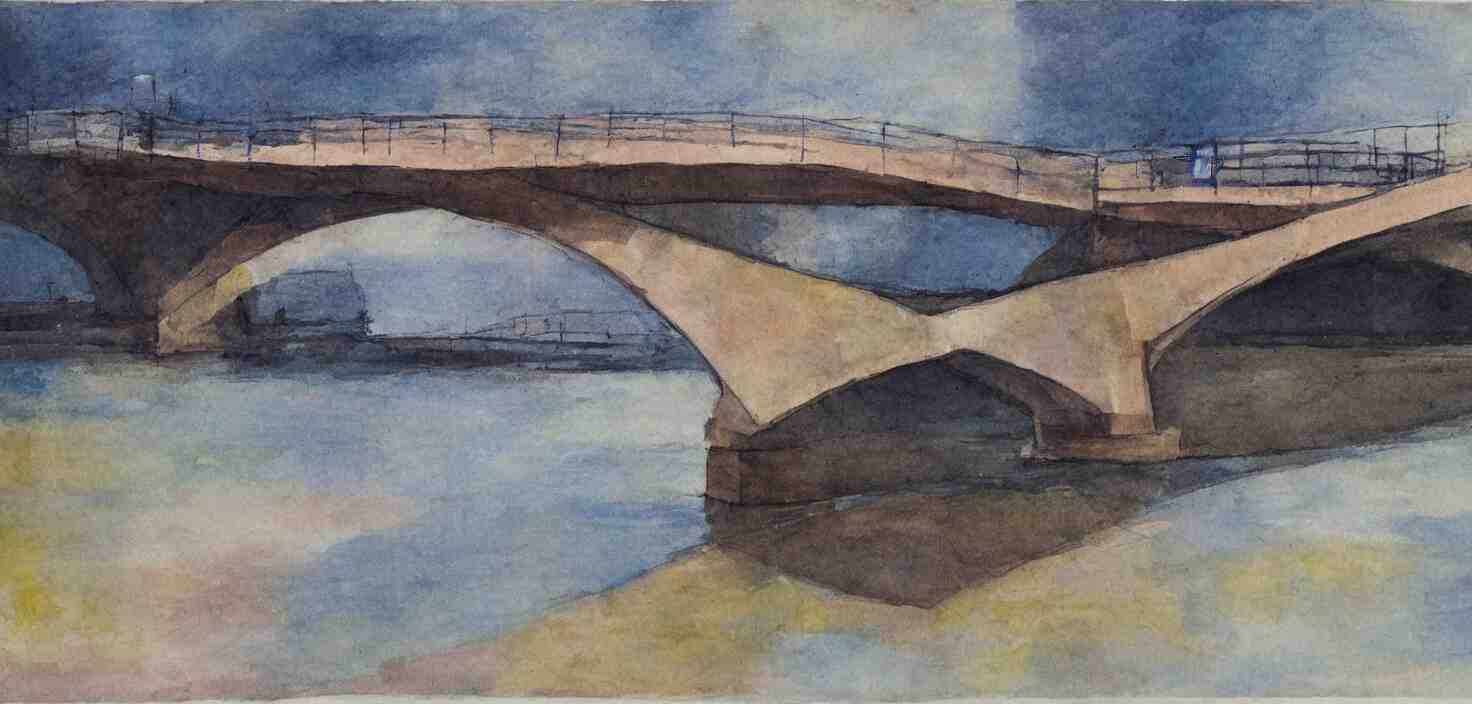 bridge over a river , angular, splotches, soft outlines, high contrast, muted colours