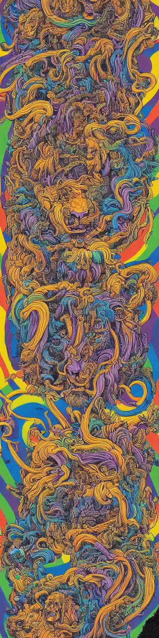 lions and tiger and bears dissolving into melted liquid braids, cubensis, aztec, basil wolverton, r crumb, hr giger, mc escher, dali, muted but vibrant colors, rainbow tubing, 