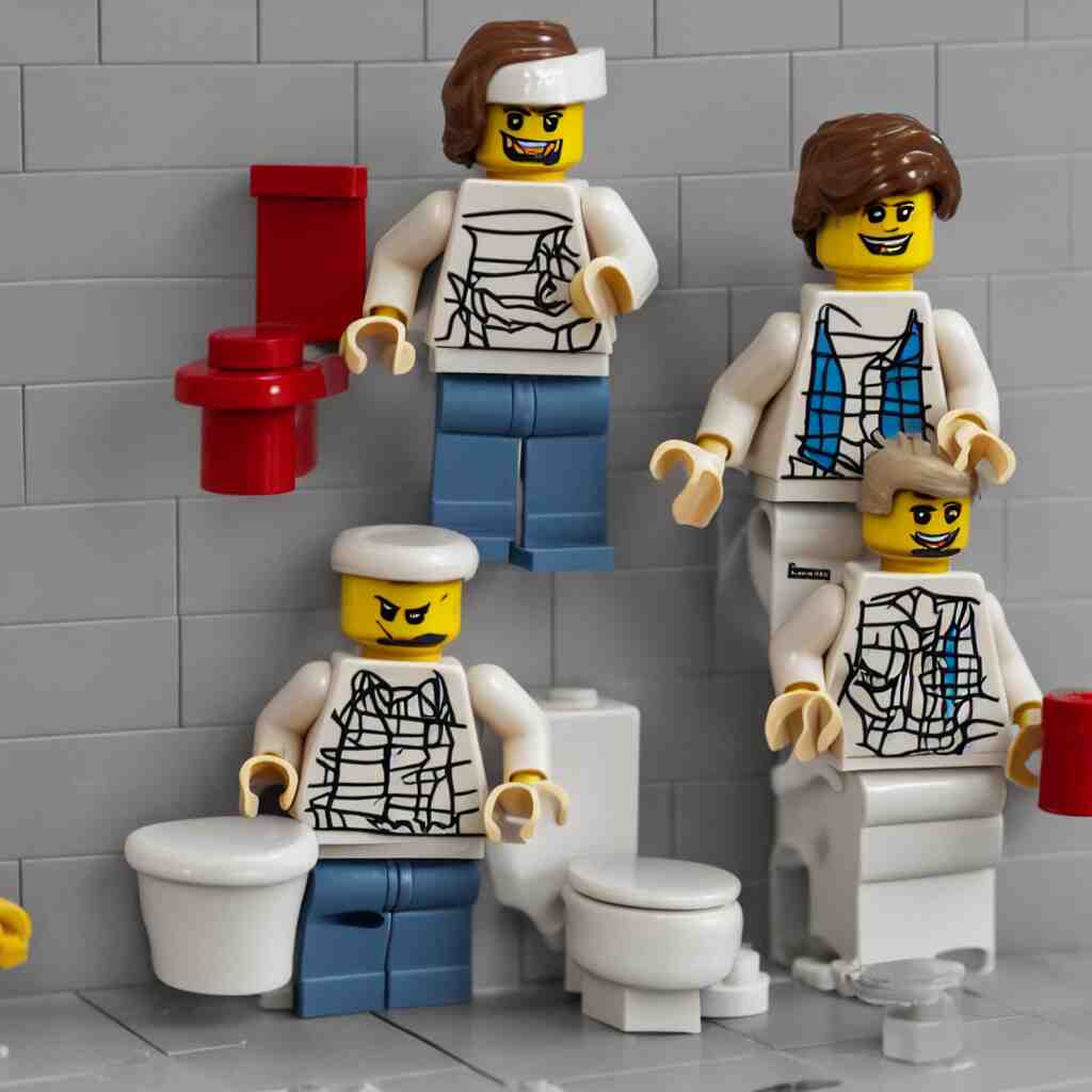 a lego figure of a man, sitting on a toilet with his pants down. there is a stream of lego bricks coming out of his behind 