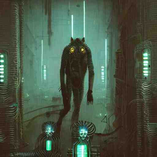 cyberpunk dystopian cyborg hyena, wires and glowing lights, beksinski style, realism 