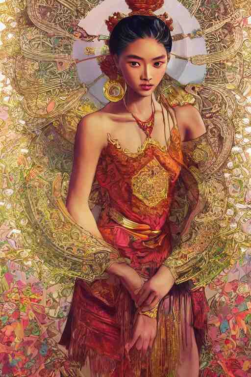 portrait of a beautiful indonesian supermodels wearing traditional costume, highly detailed, digital painting, artstation, concept art, sharp focus, illustration, art by kittichai rueangchaichan and james gurney and alphonse mucha 