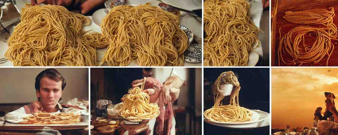 famous moments in history that include spaghetti, small details, intricate, canon 5 0 mm, wes anderson film, kodachrome 