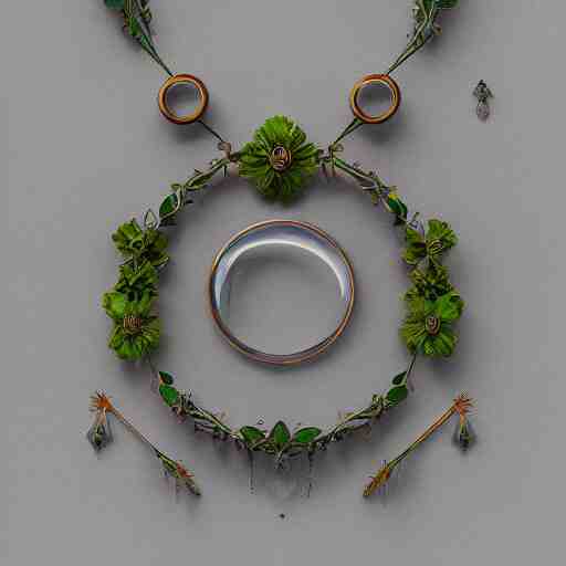 intricate! organic, nordic wedding ring, necklace, gemstones, dreamy floral background, refraction, occlusion, lower and upper levels, keyshot render, octane render, vray render 