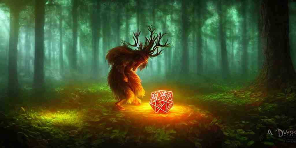 a curious, mythical forest spirit rolling a six - sided dice, d 6 dice, glowing energy, fantasy magic, by willian murai and jason chan, fantasy, dramatic lighting, golden ratio, sharp focus 