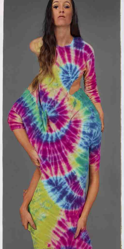 a beautiful woman model dressed in a tie - dye dress, studio photo, hyperrealistic 