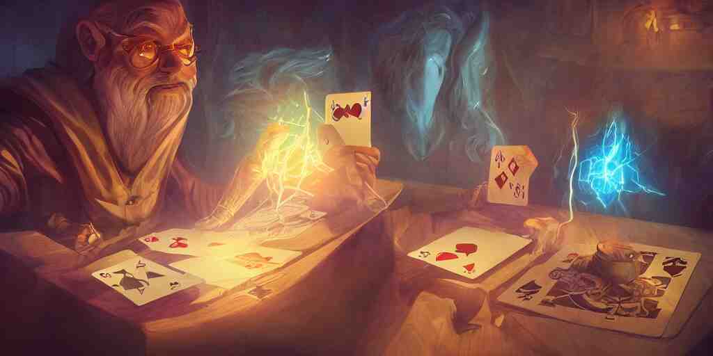 wizard shuffling cards, cards, fantasy, digital art, soft lighting, concept art, vibrant, 8 k 