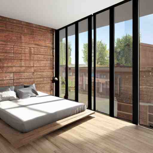 hyper realistic one point perspective of bedroom, wood, concrete, brick, glass 