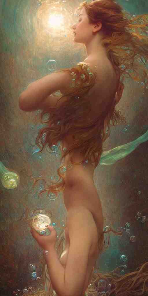 hyper realist matte digital painting of a beautiful woman, floating in water, bubbles rising, fantasy art, photo realistic, dynamic lighting, artstation, volumetric lighting, by mucha, by charlie bowater, by karol bak, by alma tadema 