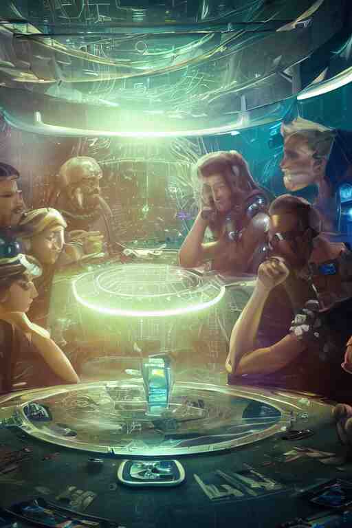 closeup, of one futuristic sci-fi Twenty sided dice, in the background players at a table that are in still high tech suites, bokeh, sharp focus, intricate concept art, highly detailed, 8k, cinematic, sharp focus