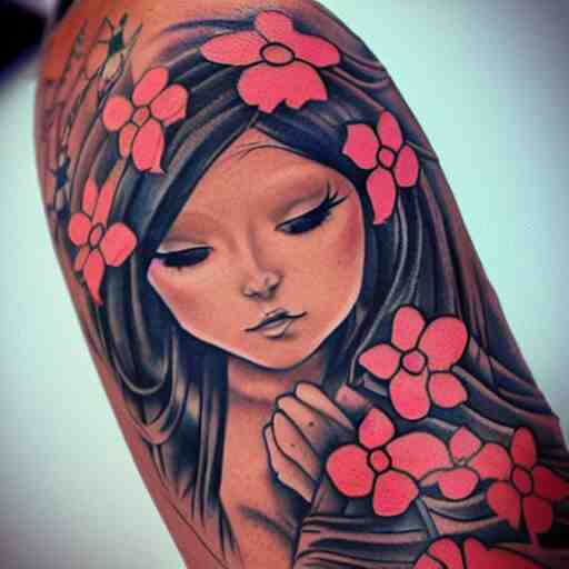 tattoo design, stencil, beach photography, tattoo stencil, traditional, beautiful portrait of a traditional Hawaiian girl with flowers in her hair, upper body, by artgerm, artgerm, artgerm, digital art, cat girl, anime eyes, anime, sexy, super model-s 100