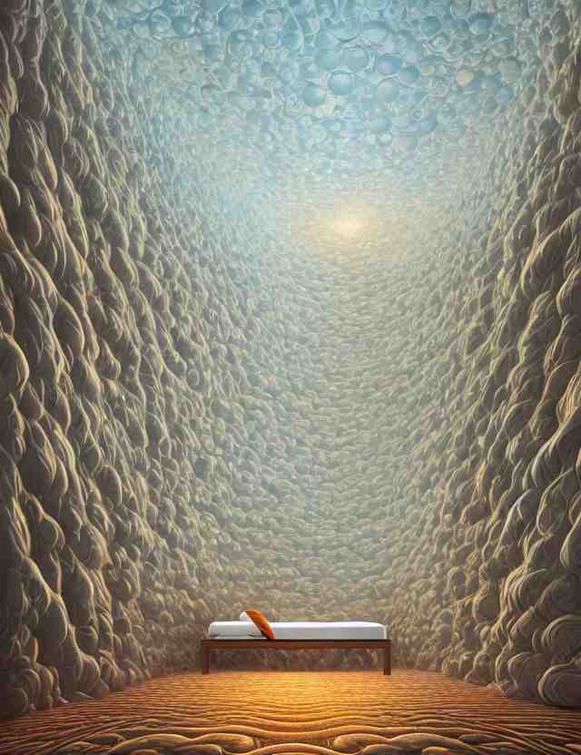 a photo of a bed floating above the floor in the middle of a giant tesselating room with windows opening to multiple dimensions by casey weldon by thomas blackshear, octane render, recursive, flowing, cascading, multiverse, labyrinthine 