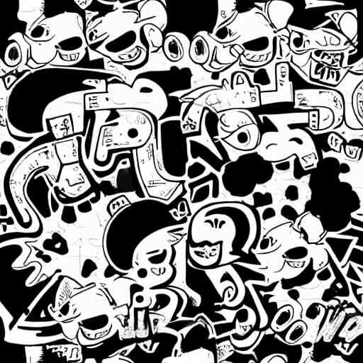 zef design black and white color scheme, graffiti, cute characters 