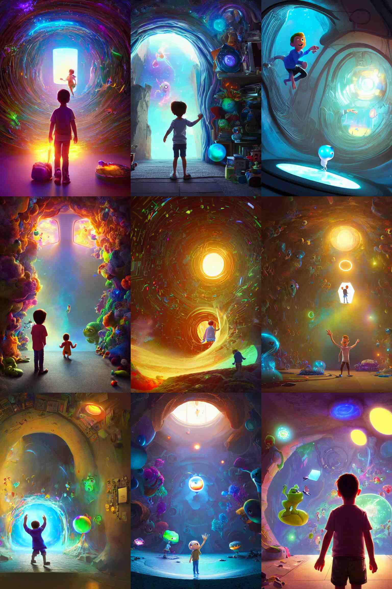 a wholesome illustration of a kid entering a portal to another dimension through the computer monitor with imaginative and trippy elements popping out of the screen, imagination, creativity, magic, computer monitor, photos hanging on the wall  Pixar and Disney animation, sharp, Rendered in Redshift and Unreal Engine 5 by Greg Rutkowski, Bloom, dramatic lighting