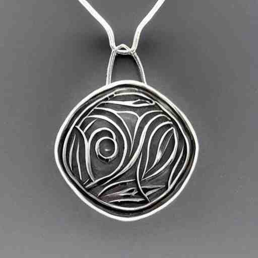amulet of wave inlaid in silver on a young beautiful woman neck, realistic, 
