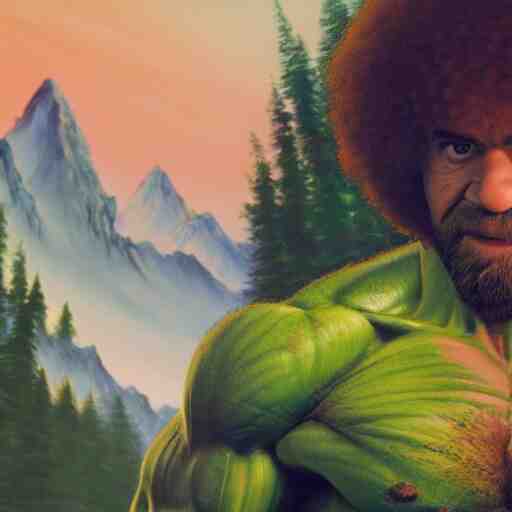 a closeup photorealistic photograph of bob ross working on a canvas painting of hulk. film still. brightly lit scene. mountains and trees. this 4 k hd image is trending on artstation, featured on behance, well - rendered, extra crisp, features intricate detail, epic composition and the style of unreal engine. 