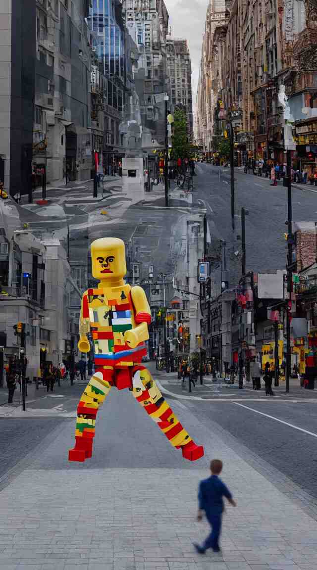 hyperrealistic giant lego man walking through street, street view, epic lighting, composition 