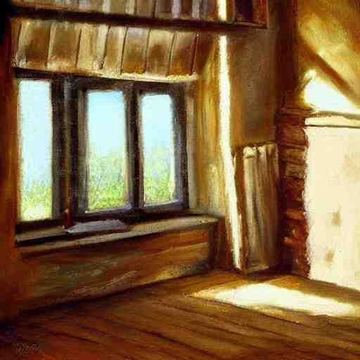 oil painting of mostly empty cottage interior, one small window with sunlight shining onto the floor. artistic. cozy. wooden floor. rustic. 