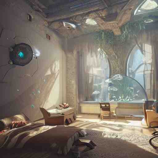 a spacious room with freshwater aquariums as walls, hyper realistic, ambient lighting, concept art, intricate, hyper detailed, smooth, dynamic volumetric lighting, octane, raytrace, cinematic, high quality, high resolution, 4 k, cgsociety, rutkowski, gurney 