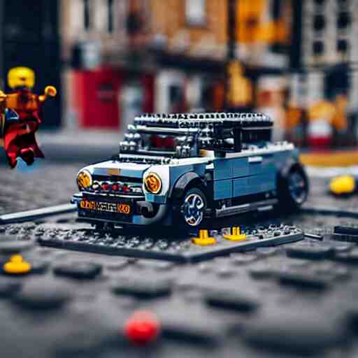 mini lego in the city, photorealistic, highly detailed, sharp focus, vivid, symmetrical, random, convoluted, mind - blowing, creative, fully functional, physics defying, amazing, cool, atmospheric 