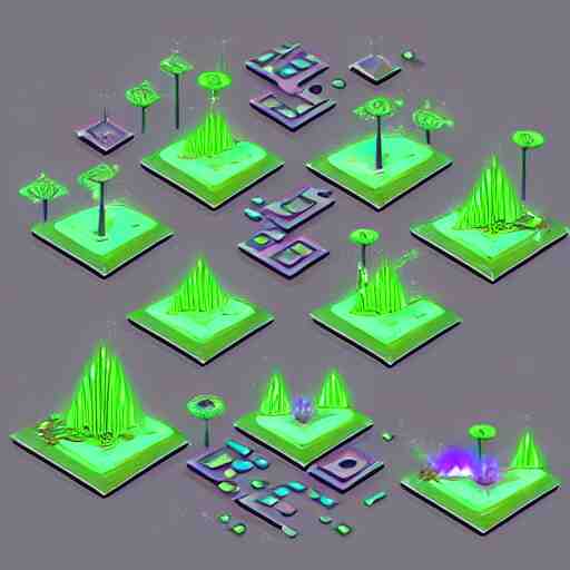 concept art 2 d mobile game asset is an isometric staircase with an organic isometric design based on bioluminescent alien - like plants inspired by the avatar's bioluminescent alien nature. around the stair, we can see plants that glow in the dark. all in isometric perspective and semi - realistic style item is in a black background 