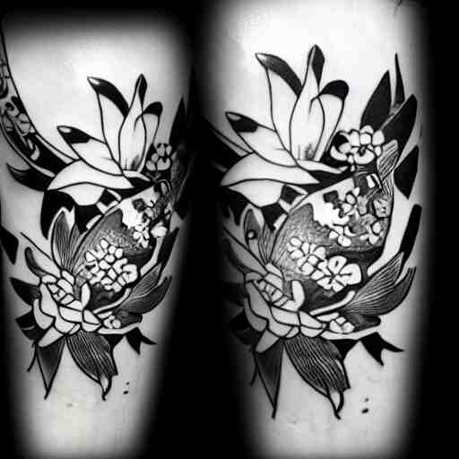 black and white tattoo of koi fish with camelia flowers, on white background, japanese traditional style, stylized, 