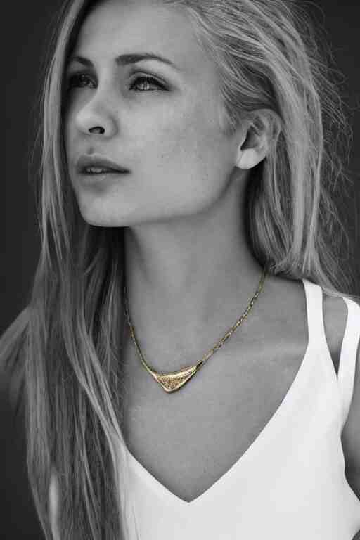 2 4 year old professional blonde female wearing white v - neck top, single gold chain necklace, neck zoomed in, photo realistic, extreme detail skin, very few freckles, no filter, slr, golden hour, 4 k, high definition,! dream 2 4 year old professional blonde female wearing white v - neck top, neck zoomed in, photo realistic, extreme detail skin, light freckles, no filter, slr, golden hour, 4 k, high definition, photograph, selfie - h 7 6 8 - n 9 - i, selfie 