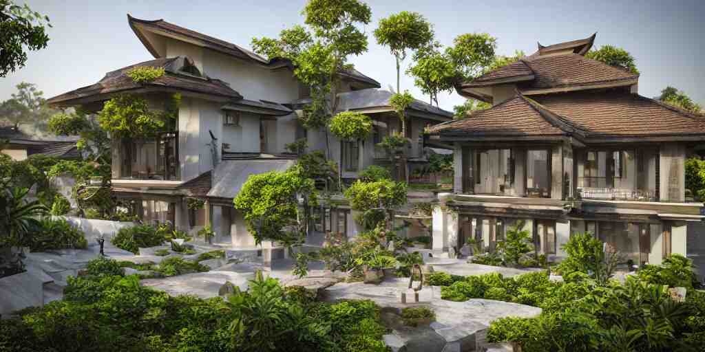 3d rendering  of beautiful nature meets architecture concept of a residential house. balinese architecture, volumetric lighting, luxury, high detail, 14mm, cinematic photography, cg architects,  high resolution