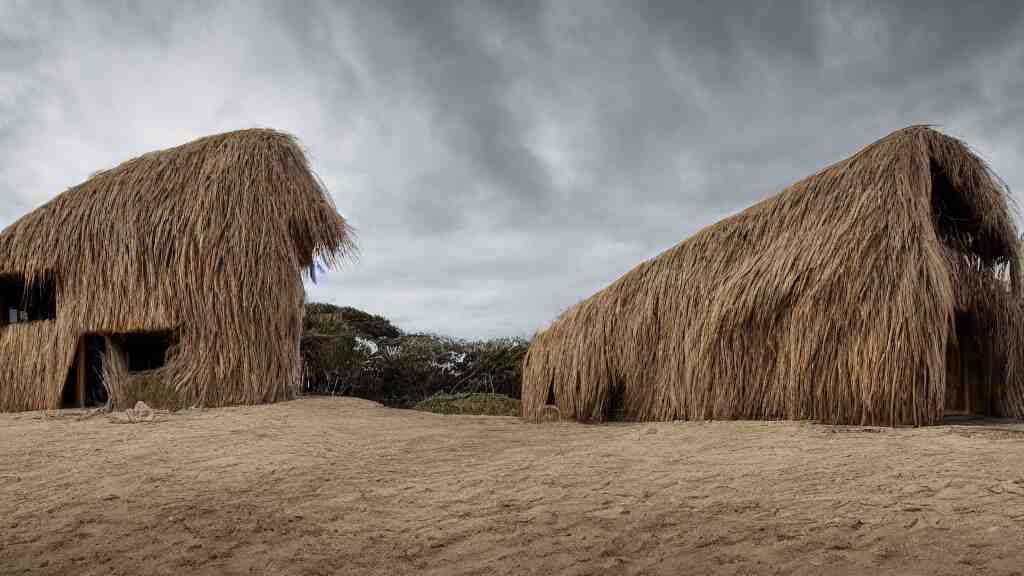 architectural photography of a house made of driftwood, natural and organic and flowing, on the coast, wide angle, shot from a low angle, great lighting, cinematic. inhabited by a family of anthropomorphic capybaras. 