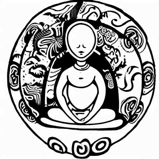 a pregnant robot woman giving birth to a yin - yang daoist symbol emerging out of womb, full body black and white drawing 