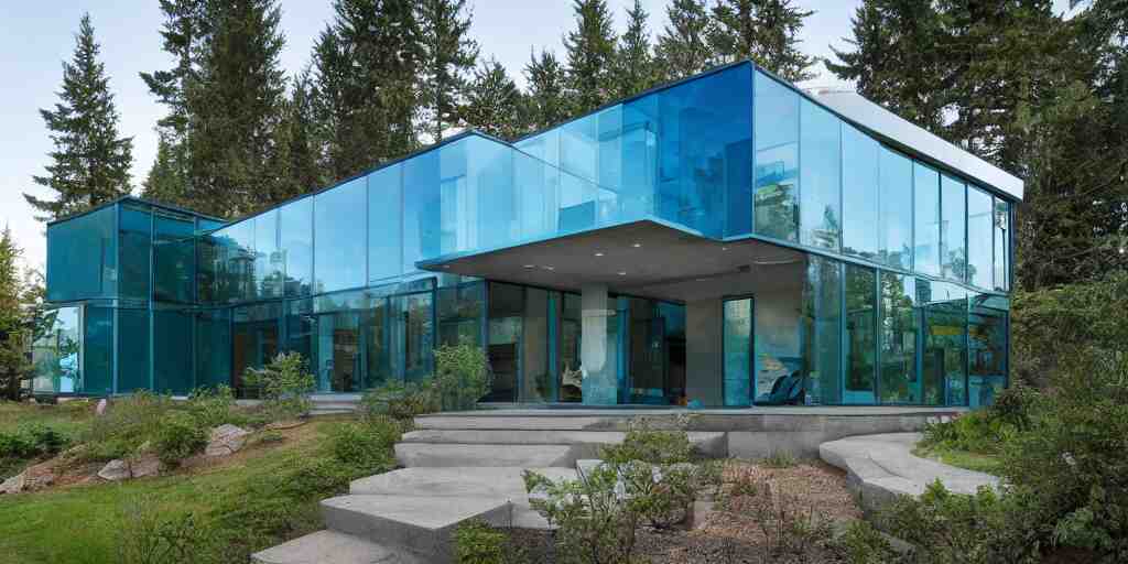 large futuristic residence, cascadian, blue concrete, large green glass windows, cuboid elements, blue metal 