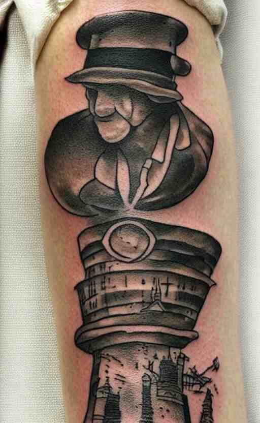 a tattoo of an old man wearing a hat on top of a tower, ultra detailed, tattoo, 8 k 