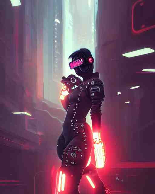 lady assassin wearing cyberpunk streetwear, respirator, cybernetic arms, detailed portrait, 4 k, vivid colours, concept art by wlop, ilya kuvshinov, artgerm, krenz cushart, greg rutkowski, pixiv. cinematic dramatic atmosphere, sharp focus, volumetric lighting, cinematic lighting, studio quality 