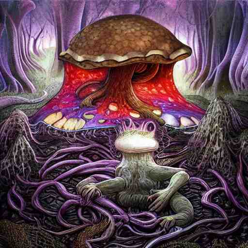 sleep paralysis while on mushrooms, mushroomcore, naturecore, high quality art, digital art, extreme detail, masterpiece 