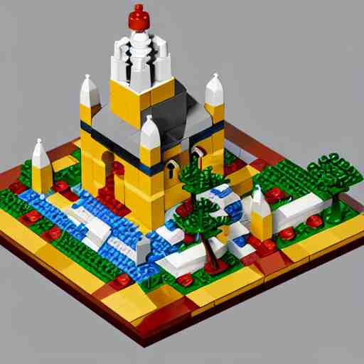 isometric view of a lego church, lego bricks, model church, geometric isometric view 