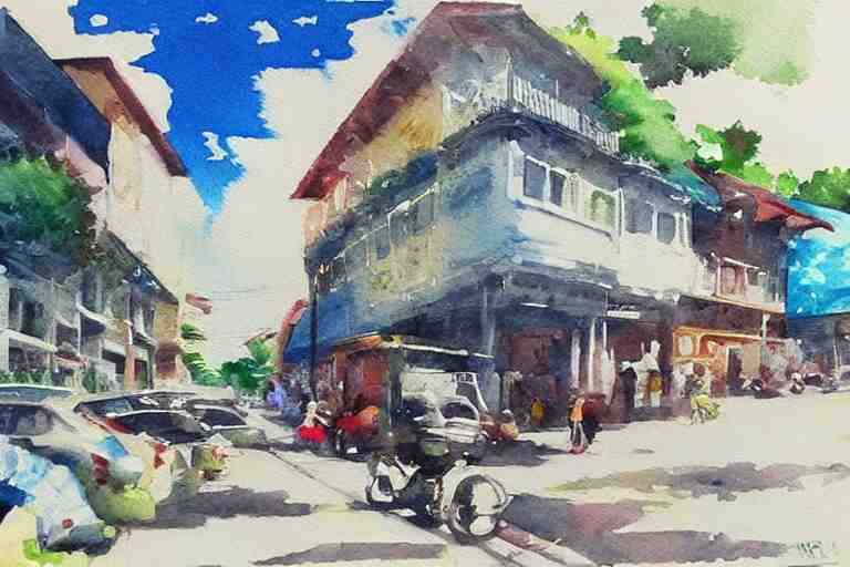 !! watercolor!! penang road in a sunny day, artwork by tooth wu, colorful contrast,!! very coherent!!, dark shadow, thick lineart 