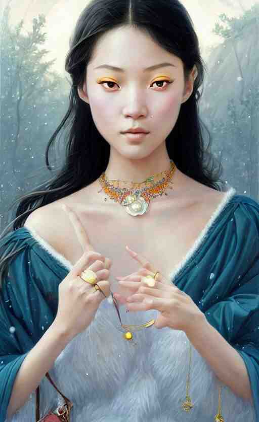 a beautiful young charming asian goddess with sundress + jewelry + shinny eyes | | winter, symmetric, realistic shaded, unpleasant face, good looking, fine details, dior, lv, realistic shaded lighting poster by greg rutkowski, macoto takahashi, magali villeneuve, artgerm, jeremy lipkin and michael garmash 